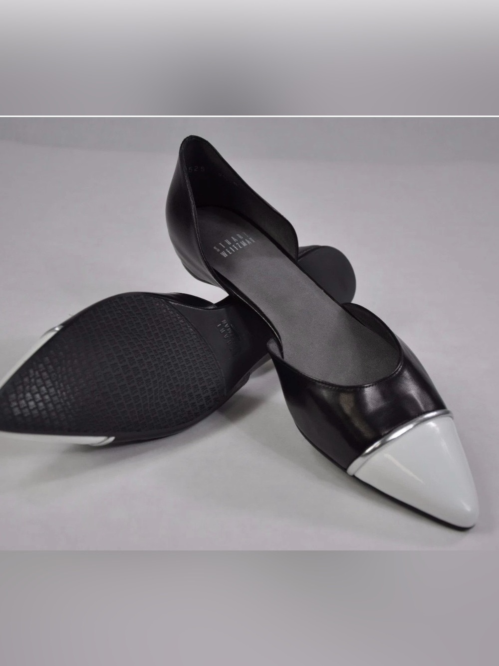 Stuart Weitzman Tipantibe Black Leather White Cap Toe D'Orsay Pointed Flats 9M